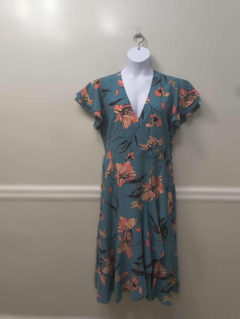 A New Day Teal Faux Wrap Floral Midi Dress XXL Business Casual Career Summer